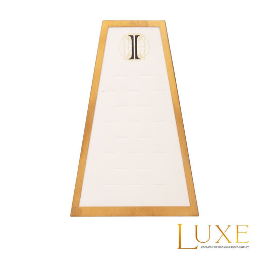 Satin Brass Frame on White Leatherette with 20-H Hole Empty Display for 14Kt Gold Side Facing Hinged Segment Clickers