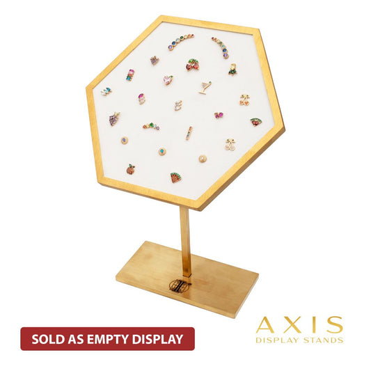 Satin Brass Hexagonal Frame on White Leatherette with 23-Pin Hole Empty Display Stand for 14Kt Gold Threadless Tops