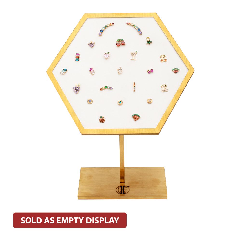 Satin Brass Hexagonal Frame on White Leatherette with 23-Pin Hole Empty Display Stand for 14Kt Gold Threadless Tops