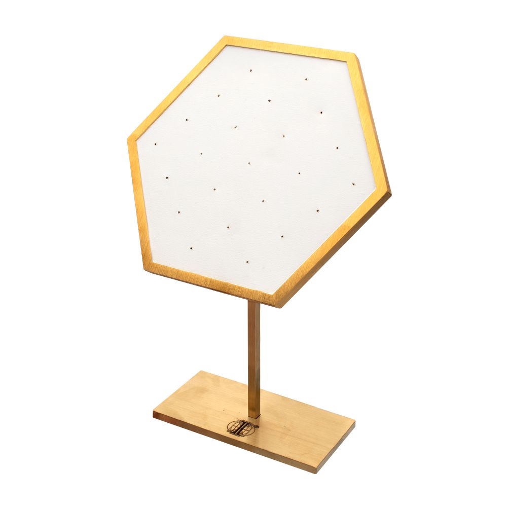 Satin Brass Hexagonal Frame on White Leatherette with 23-Pin Hole Empty Display Stand for 14Kt Gold Threadless Tops