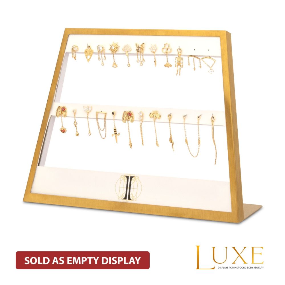 Satin Brass Frame on White Leatherette with 23-Pin Hole for Dangles Empty Display