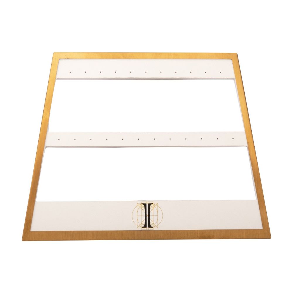 Satin Brass Frame on White Leatherette with 23-Pin Hole for Dangles Empty Display