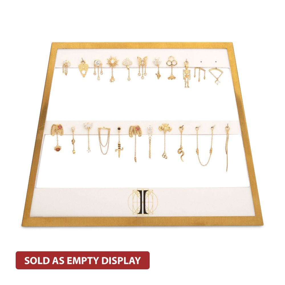 Satin Brass Frame on White Leatherette with 23-Pin Hole for Dangles Empty Display