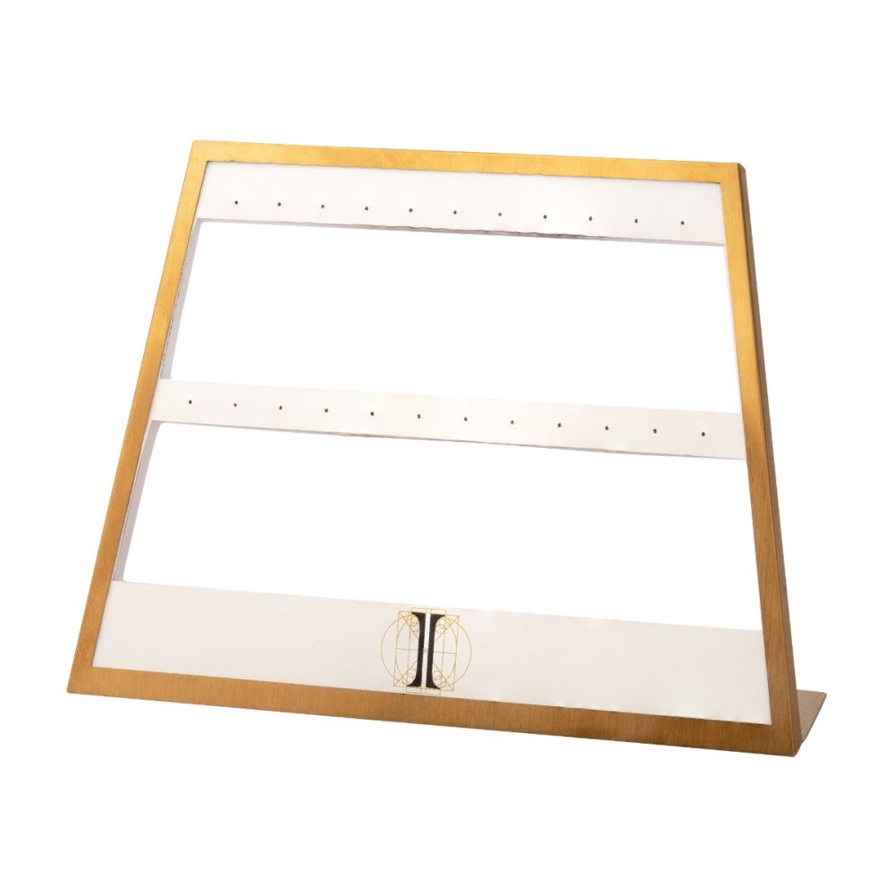 Satin Brass Frame on White Leatherette with 23-Pin Hole for Dangles Empty Display