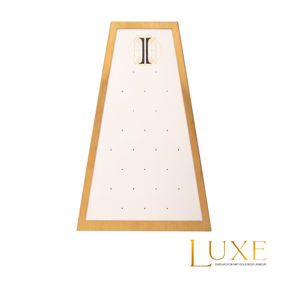 Satin Brass Frame on White Leatherette with 24-Pin Hole Empty Display for 14Kt Gold Threadless Tops