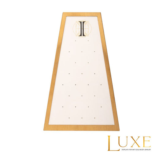 Satin Brass Frame on White Leatherette with 24-Pin Hole Empty Display for 14Kt Gold Threadless Tops