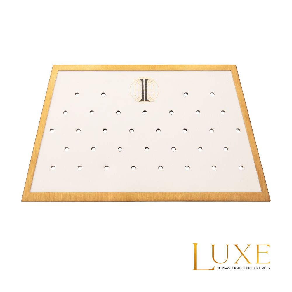 Satin Brass Frame on White Leatherette with 34-BJ Clip Hole Empty Display for 14Kt Gold Jewelry