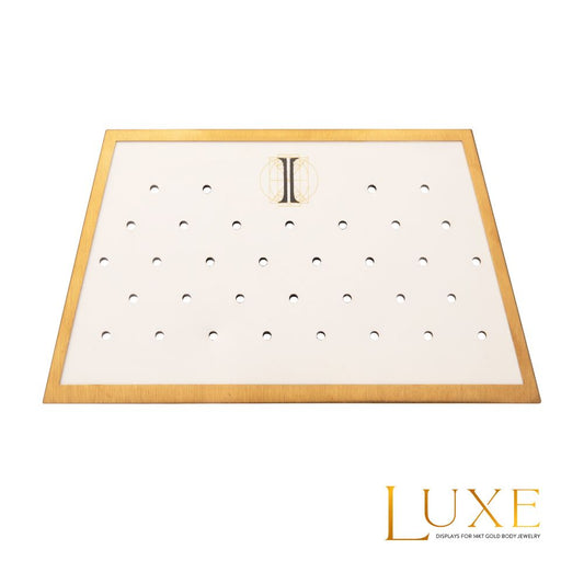Satin Brass Frame on White Leatherette with 34-BJ Clip Hole Empty Display for 14Kt Gold Jewelry