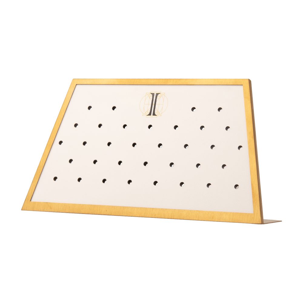 Satin Brass Frame on White Leatherette with 34-BJ Clip Hole Empty Display for 14Kt Gold Jewelry