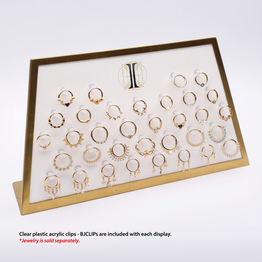 Satin Brass Frame on White Leatherette with 34-BJ Clip Hole Empty Display for 14Kt Gold Jewelry