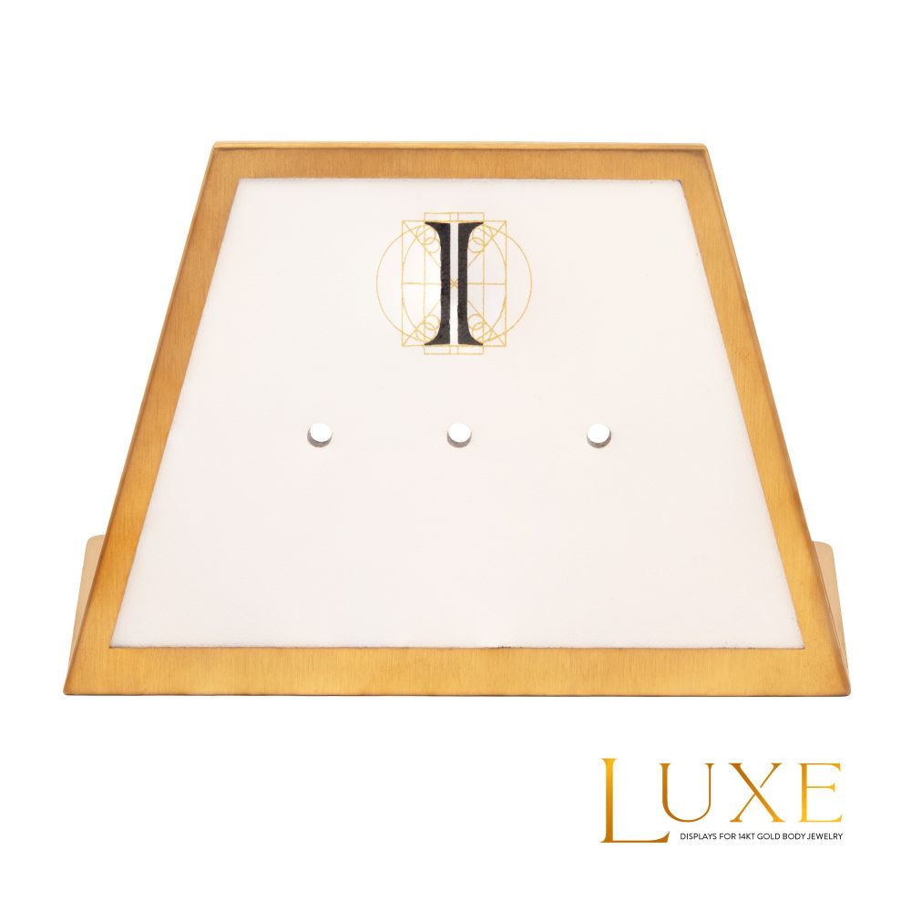 Satin Brass Frame on White Leatherette with 3-BJ Clip Hole Empty Display for 14Kt Gold Jewelry