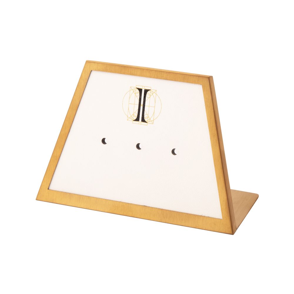 Satin Brass Frame on White Leatherette with 3-BJ Clip Hole Empty Display for 14Kt Gold Jewelry