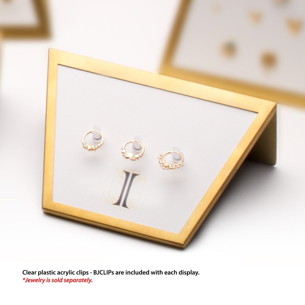 Satin Brass Frame on White Leatherette with 3-BJ Clip Hole Empty Display for 14Kt Gold Jewelry