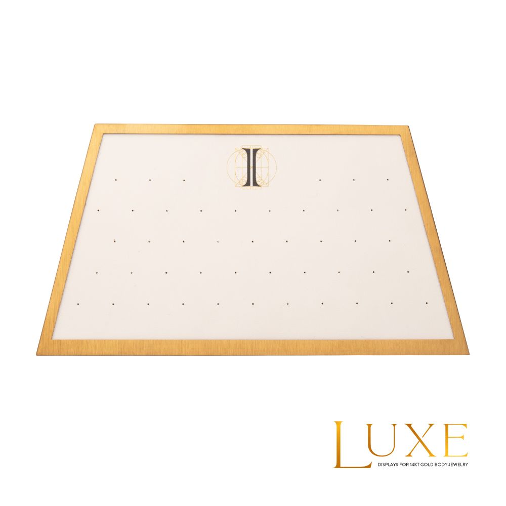 Satin Brass Frame on White Leatherette with 46-Pin Hole Empty Display for 14Kt Gold Threadless Tops