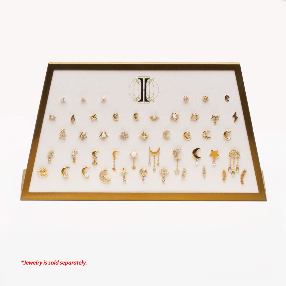 Satin Brass Frame on White Leatherette with 46-Pin Hole Empty Display for 14Kt Gold Threadless Tops