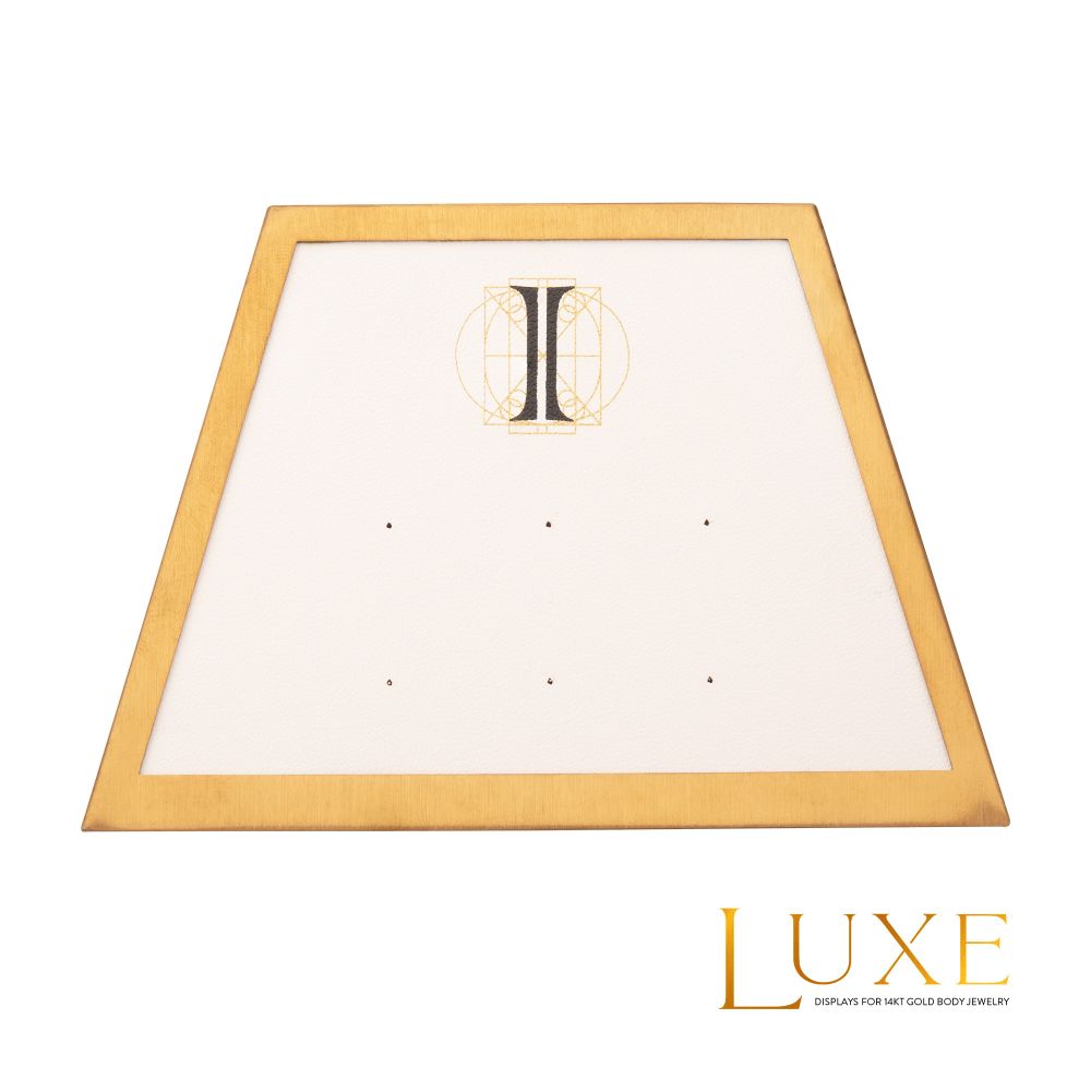 Satin Brass Frame on White Leatherette with 6-Pin Hole Empty Display for 14Kt Gold Threadless Tops
