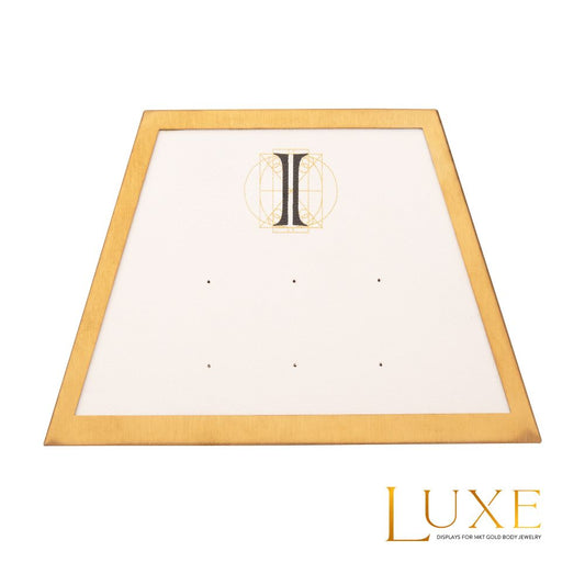 Satin Brass Frame on White Leatherette with 6-Pin Hole Empty Display for 14Kt Gold Threadless Tops