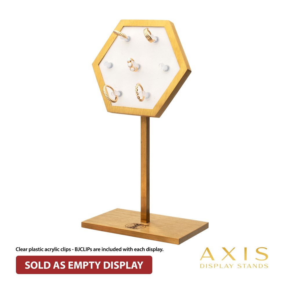 Satin Brass Hexagonal Frame on White Leatherette with 7-BJ Clip Hole Empty Display Stand for 14Kt Gold Jewelry