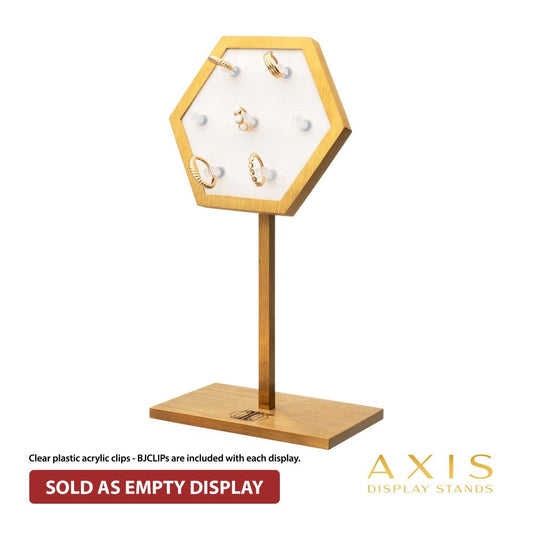 Satin Brass Hexagonal Frame on White Leatherette with 7-BJ Clip Hole Empty Display Stand for 14Kt Gold Jewelry