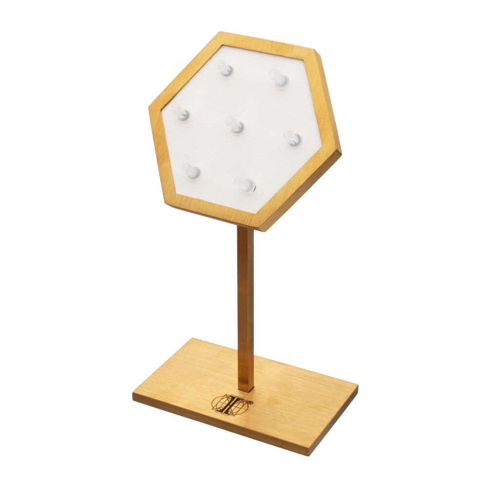 Satin Brass Hexagonal Frame on White Leatherette with 7-BJ Clip Hole Empty Display Stand for 14Kt Gold Jewelry