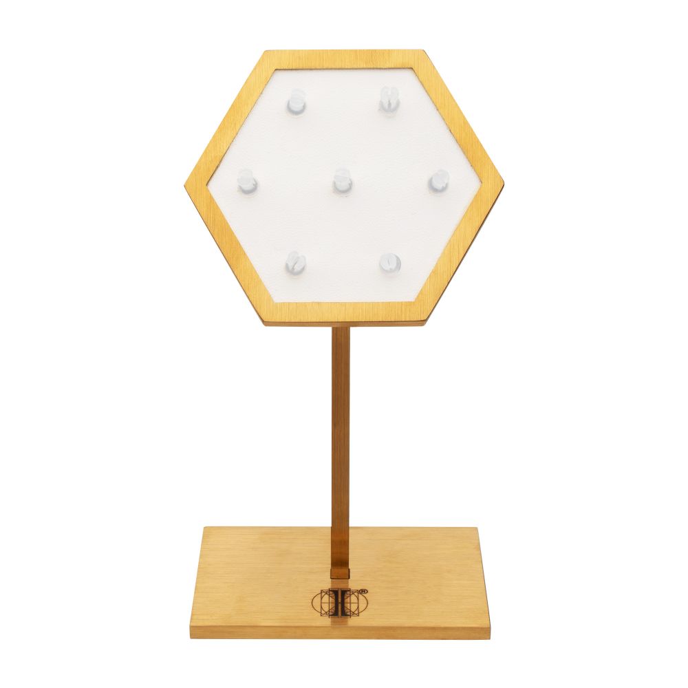 Satin Brass Hexagonal Frame on White Leatherette with 7-BJ Clip Hole Empty Display Stand for 14Kt Gold Jewelry