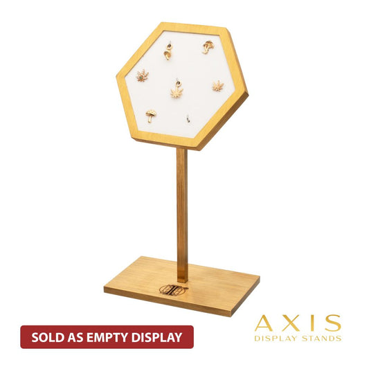 Satin Brass Hexagonal Frame on White Leatherette with 7-Pin Hole Empty Display Stand for 14Kt Gold Threadless Tops