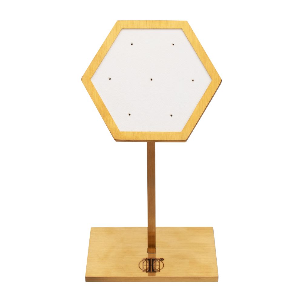 Satin Brass Hexagonal Frame on White Leatherette with 7-Pin Hole Empty Display Stand for 14Kt Gold Threadless Tops