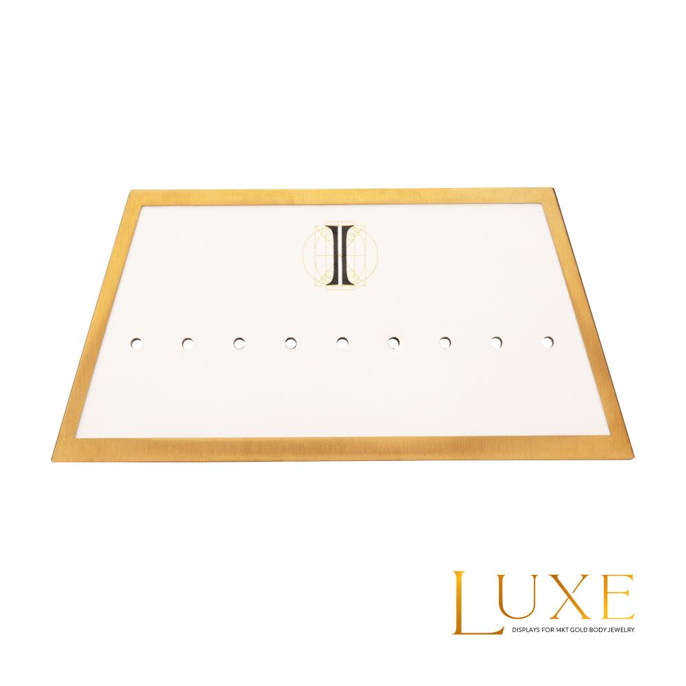 Satin Brass Frame on White Leatherette with 9-BJ Clip Hole Empty Display for 14Kt Gold Jewelry