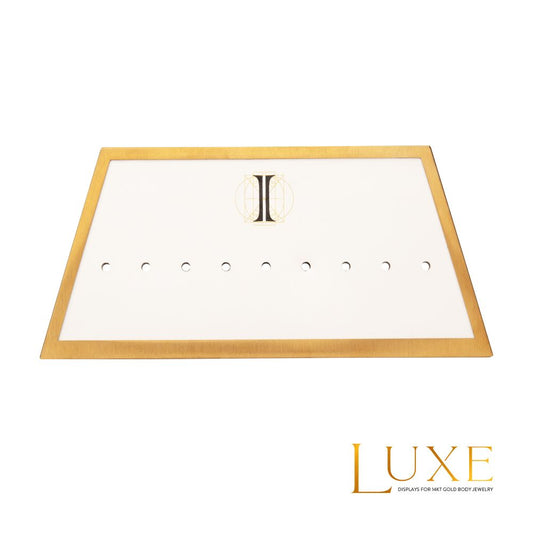 Satin Brass Frame on White Leatherette with 9-BJ Clip Hole Empty Display for 14Kt Gold Jewelry