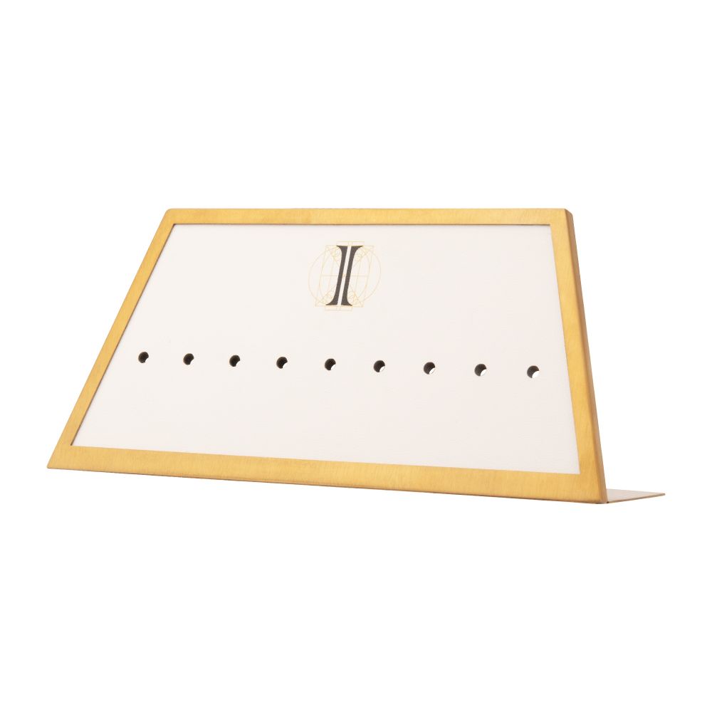 Satin Brass Frame on White Leatherette with 9-BJ Clip Hole Empty Display for 14Kt Gold Jewelry