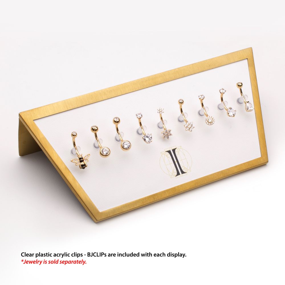 Satin Brass Frame on White Leatherette with 9-BJ Clip Hole Empty Display for 14Kt Gold Jewelry