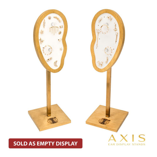 Satin Brass Frame on White Leatherette with 2-BJ Clip & 14-Pin Hole, Left & Right Empty Ear Display Stands