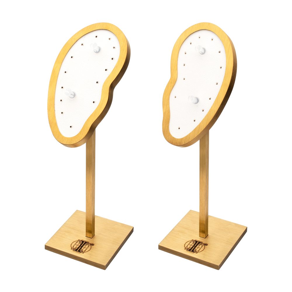 Satin Brass Frame on White Leatherette with 2-BJ Clip & 14-Pin Hole, Left & Right Empty Ear Display Stands