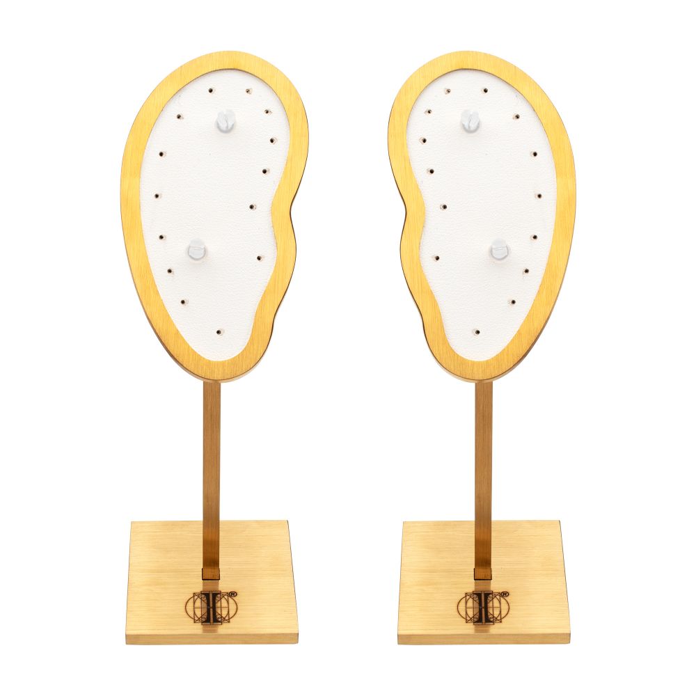 Satin Brass Frame on White Leatherette with 2-BJ Clip & 14-Pin Hole, Left & Right Empty Ear Display Stands