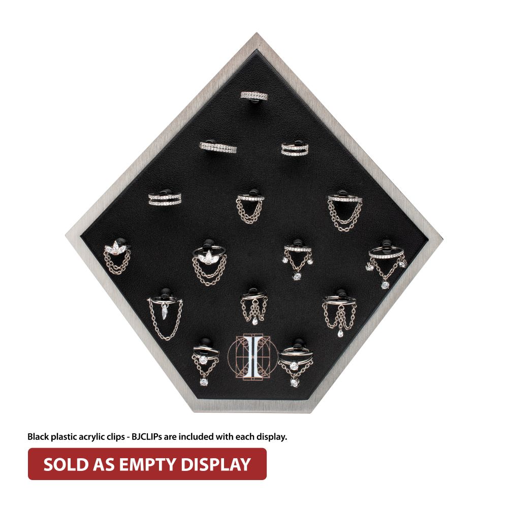 Brushed Titanium Prism Frame on Black Leatherette with 15-BJ Clip Hole Empty Display Stand for Titanium Jewelry