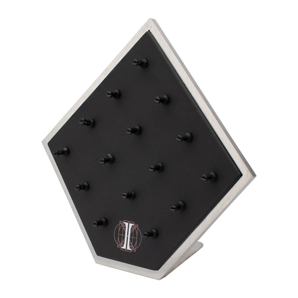 Brushed Titanium Prism Frame on Black Leatherette with 15-BJ Clip Hole Empty Display Stand for Titanium Jewelry