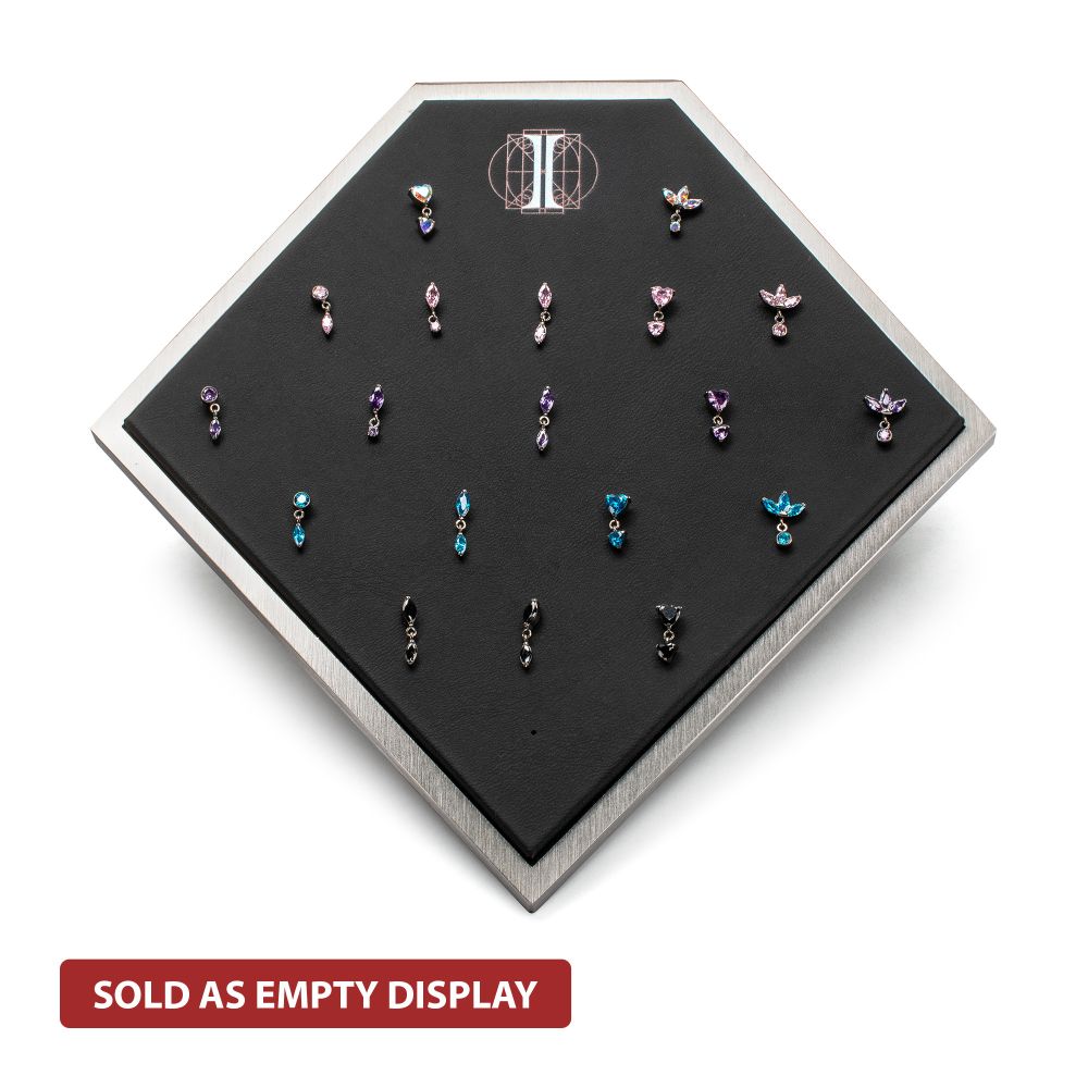 Brushed Titanium Prism Frame on Black Leatherette with 20-Pin Hole Empty Display Stand for Titanium Threadless Threaded Tops