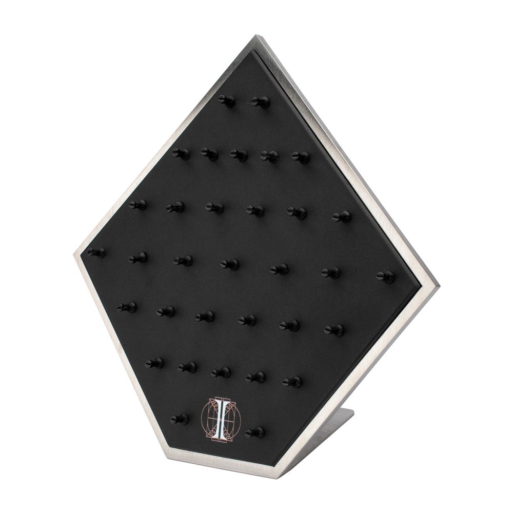 Brushed Titanium Prism Frame on Black Leatherette with 33-BJ Clip Hole Empty Display Stand for Titanium Jewelry