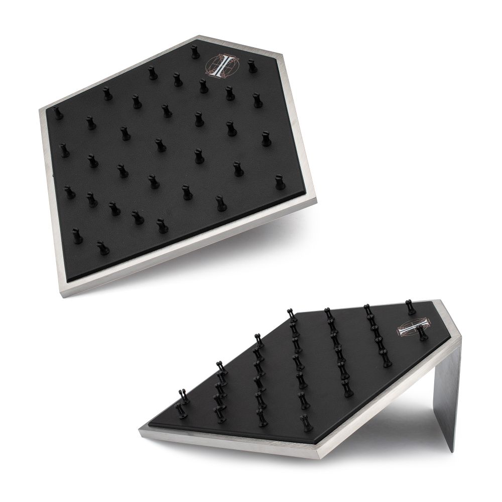 Brushed Titanium Prism Frame on Black Leatherette with 33-BJ Clip Hole Empty Display Stand for Titanium Jewelry