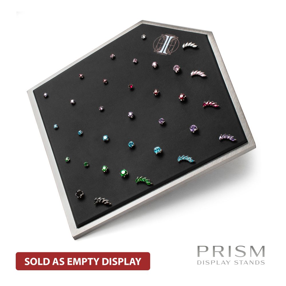 Brushed Titanium Prism Frame on Black Leatherette with 33-Pin Hole Empty Display Stand for Titanium Threadless Threaded Tops
