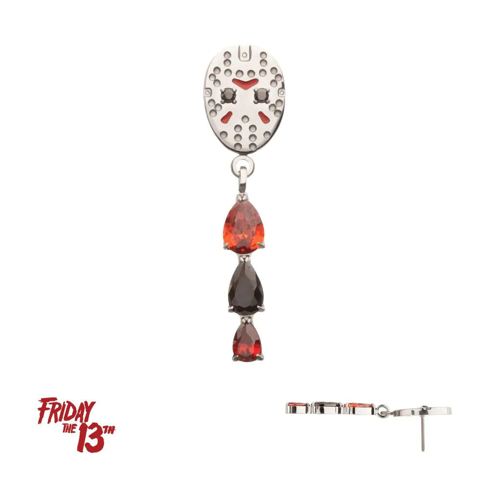 Titanium Threadless Enamel Friday The 13th Jason Mask Top with Garnet / Black Gem Dangle