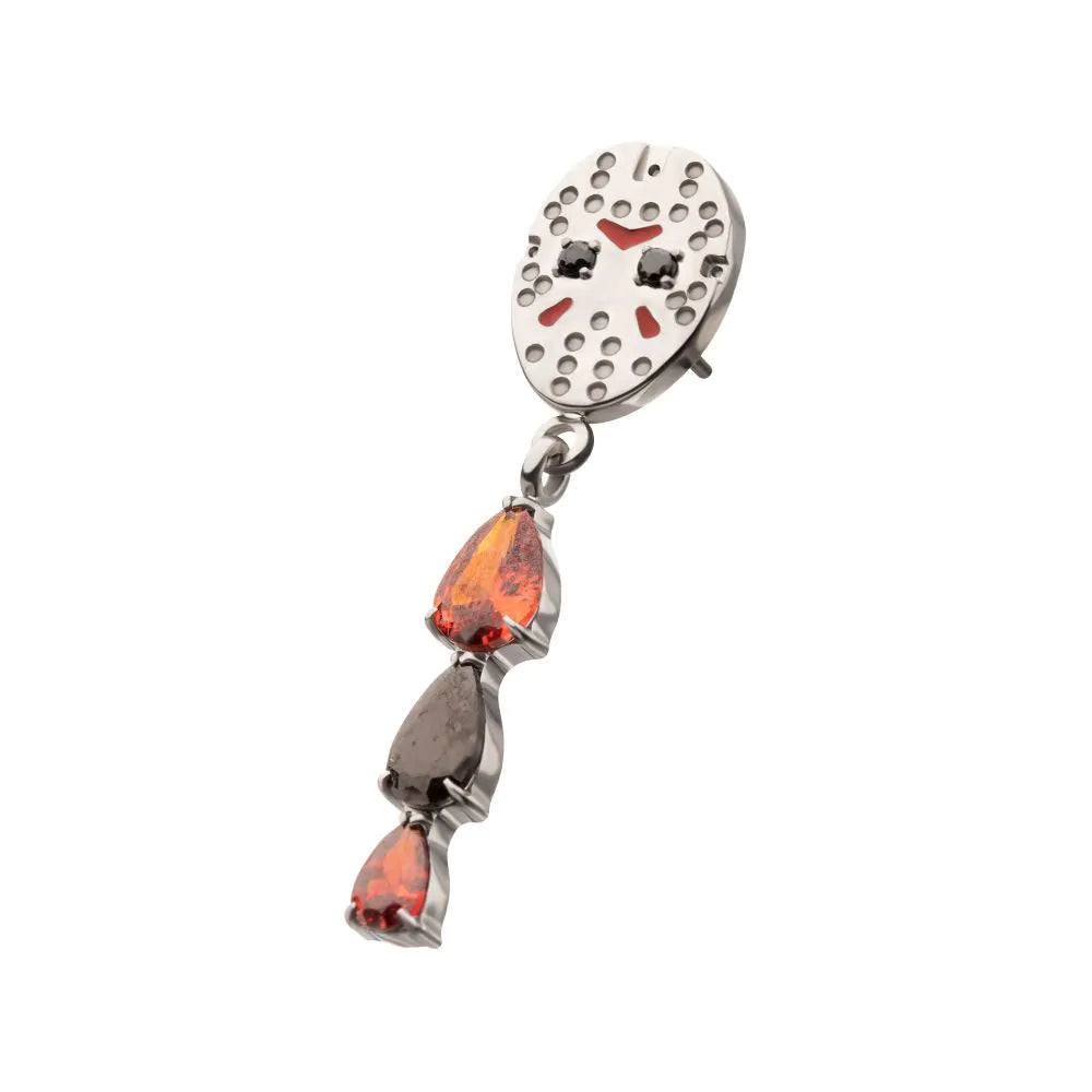 Titanium Threadless Enamel Friday The 13th Jason Mask Top with Garnet / Black Gem Dangle