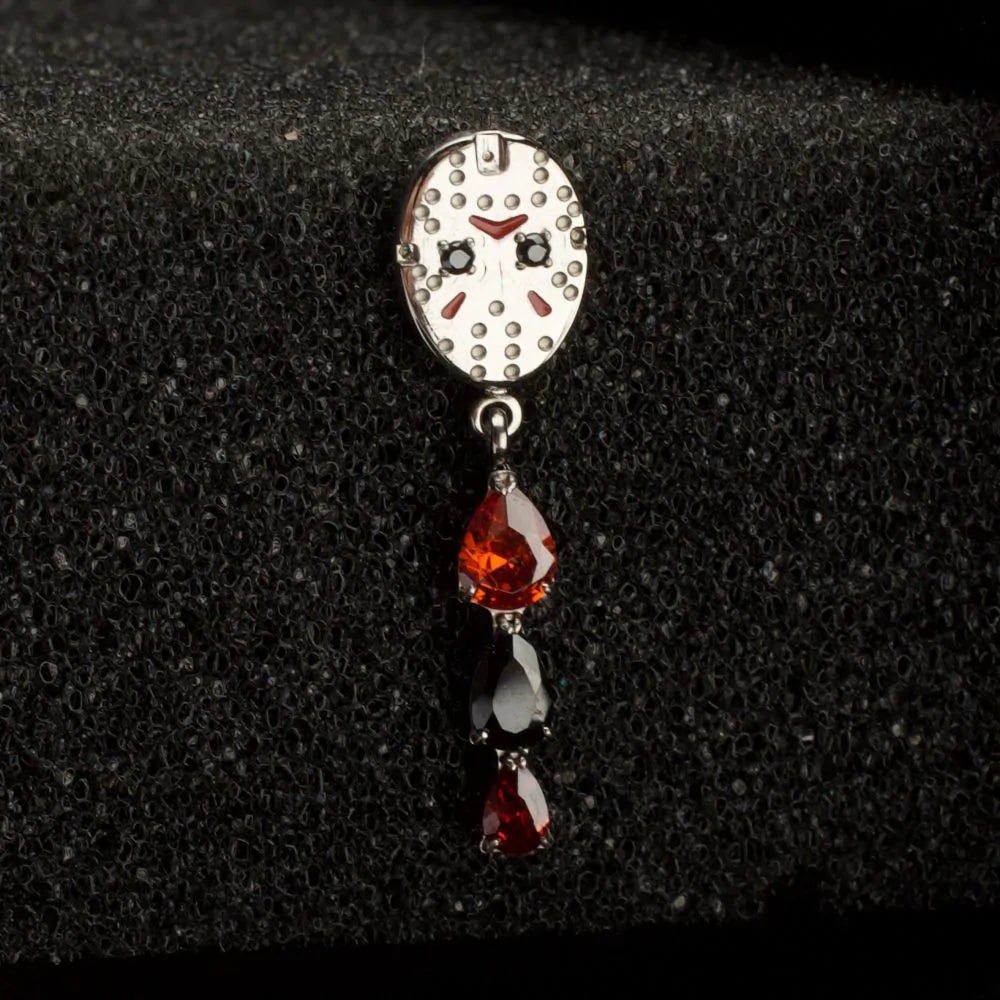 Titanium Threadless Enamel Friday The 13th Jason Mask Top with Garnet / Black Gem Dangle