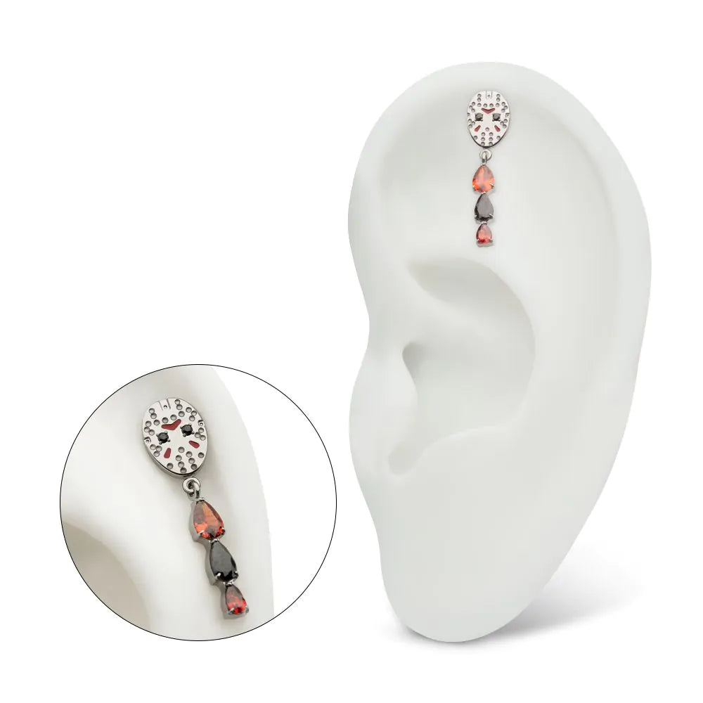 Titanium Threadless Enamel Friday The 13th Jason Mask Top with Garnet / Black Gem Dangle