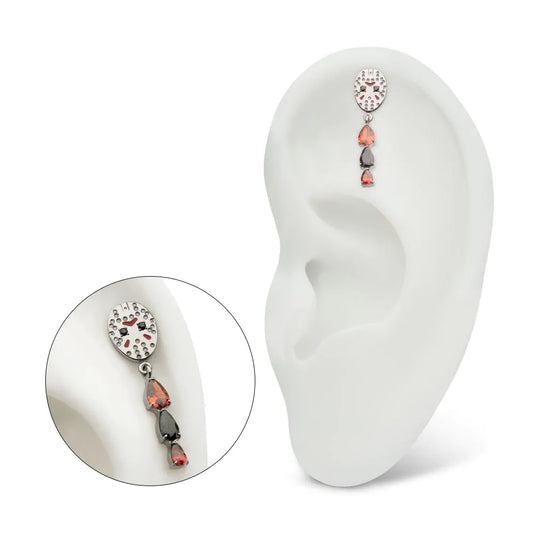 Titanium Threadless Enamel Friday The 13th Jason Mask Top with Garnet / Black Gem Dangle