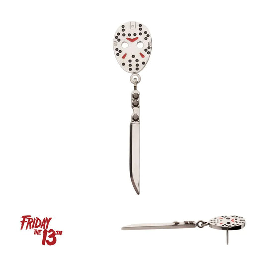 Titanium Threadless Enamel Friday The 13th Jason Mask Top with Black Gem Knife Dangle