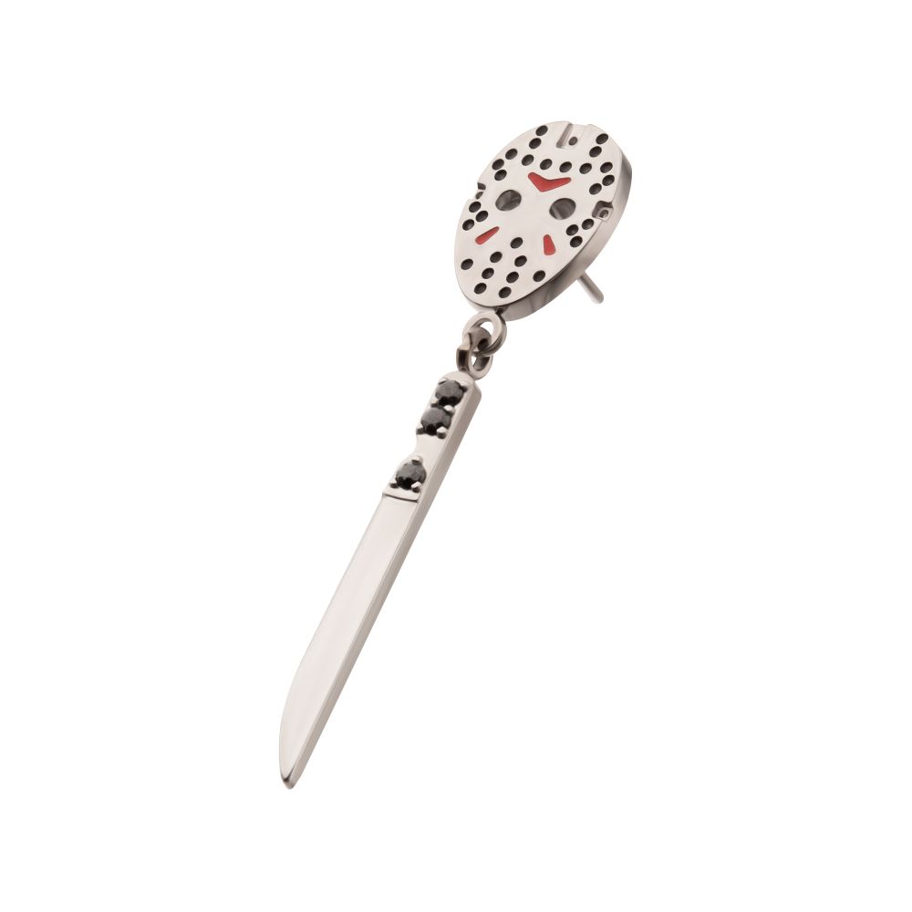 Titanium-Threadless Enamel Friday The 13th Jason Mask Top with Black Gem Knife Dangles