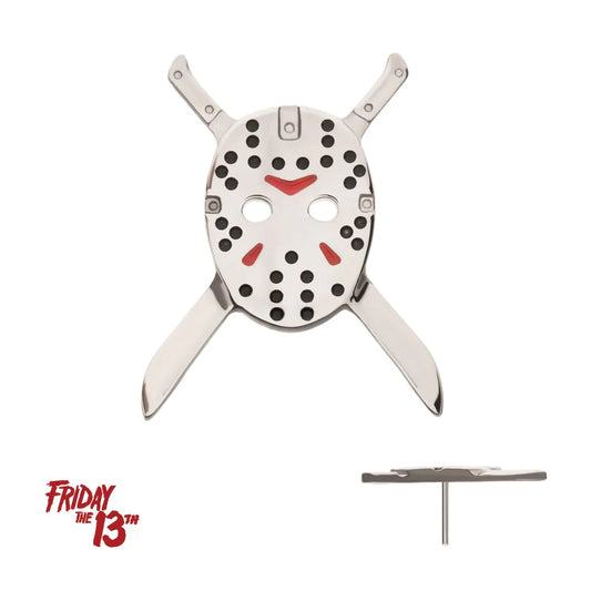 Titanium Threadless Enamel Friday The 13th Jason Mask with Crossed Machete Top