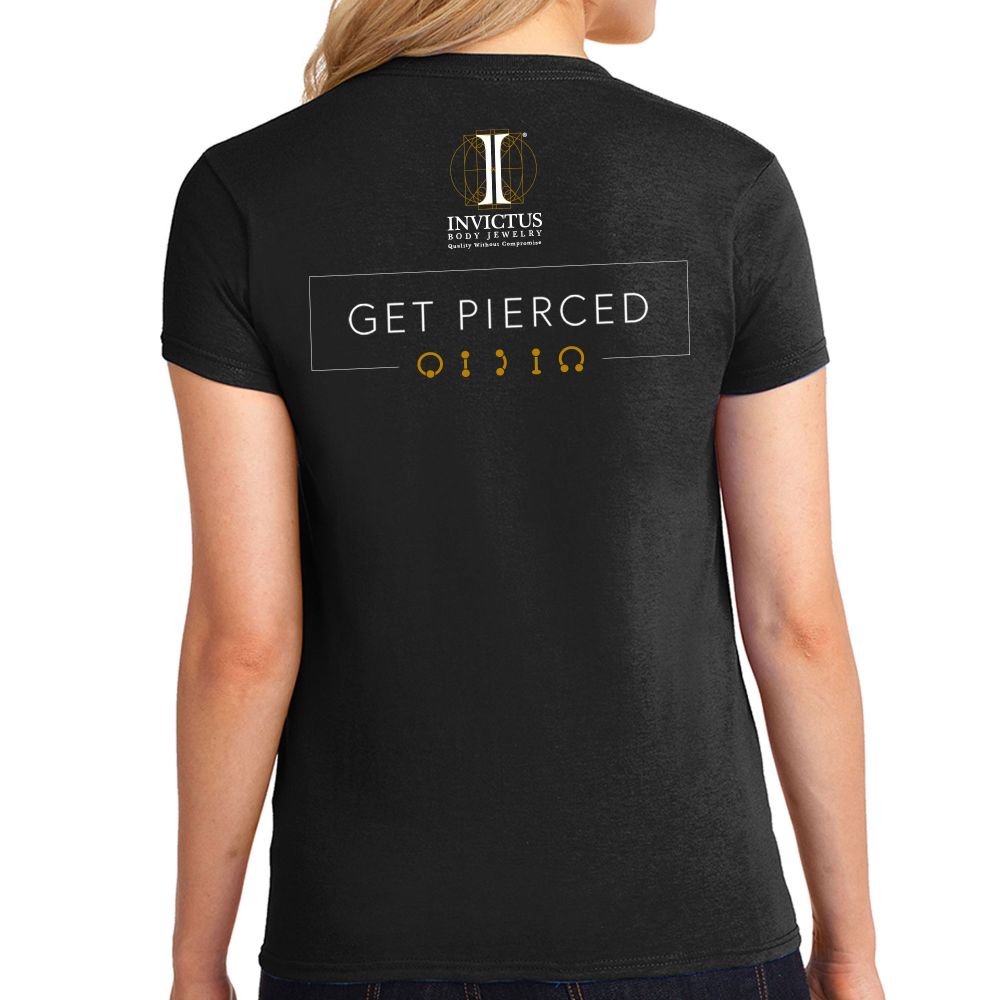Women's Soft Cotton T-Shirt with "Ti 6Al-4V ELI ASTM-F136" on front and "Get Pierced" Slogan at the back