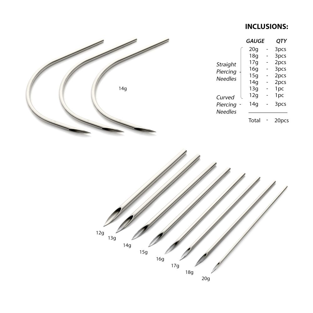 Tri-Beveled Ultra-Sharp Tips Biomedical-Grade Silicone Coated Piercing Needles Sample Pack (20 needles per box)